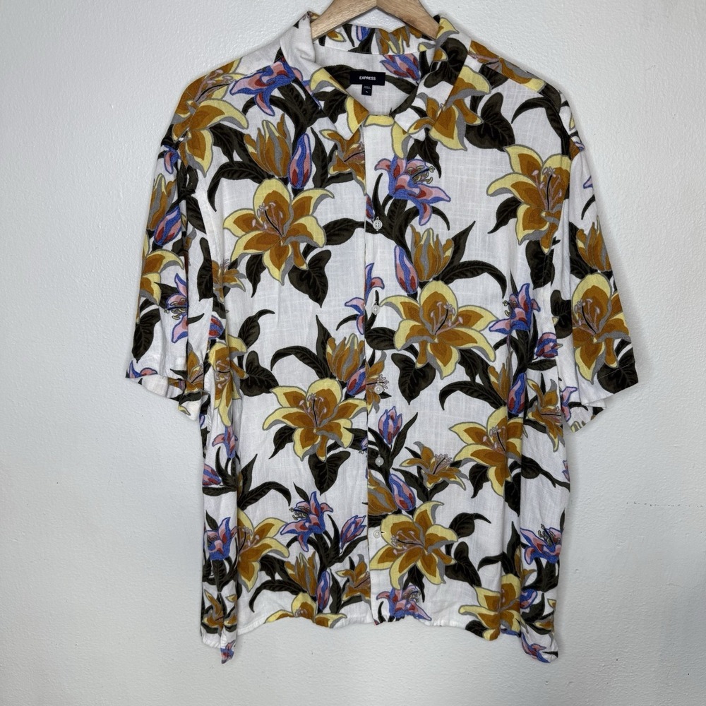 Express Tropical Linen Rayon Short Sleeve Button Up Shirt Resortwear Mens XL